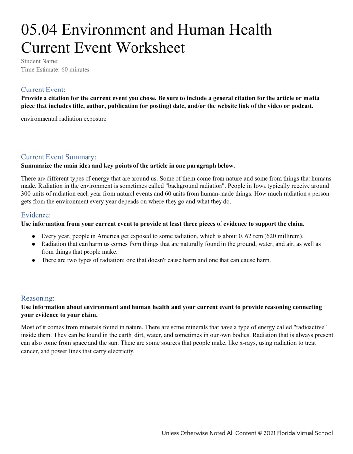 Current Event Worksheet - 05.04 Environment and Human Health