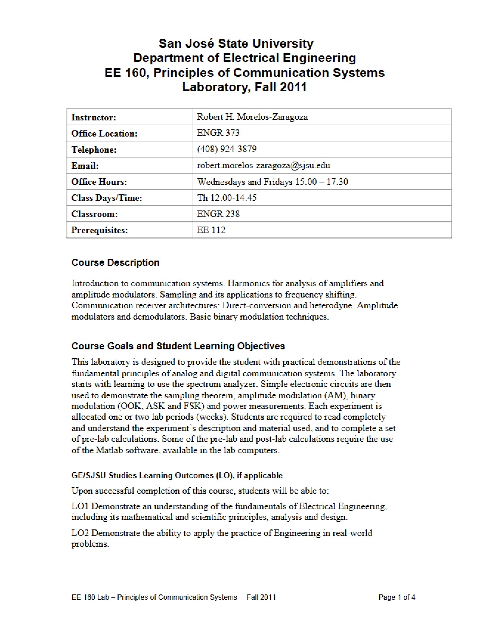 EE 160 Course Syllabus