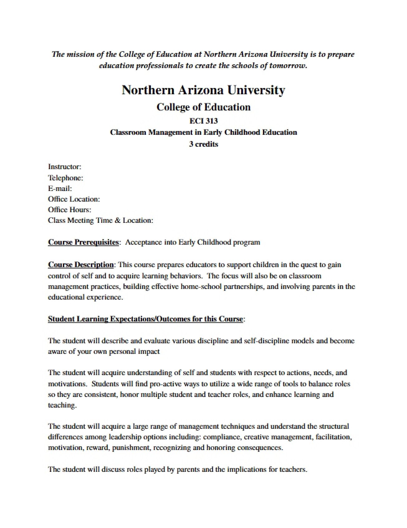 Classroom Mgmt in Early Childhood Syllabus