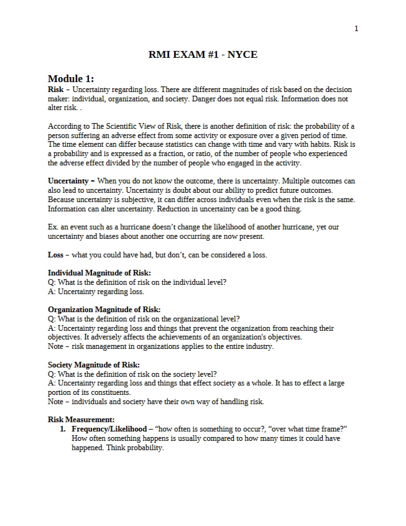Test One for Risk Management