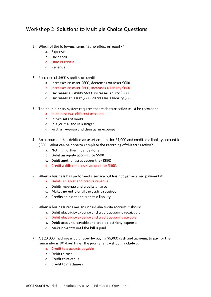 Workshop 2 Multiple Choice Questions Solutions