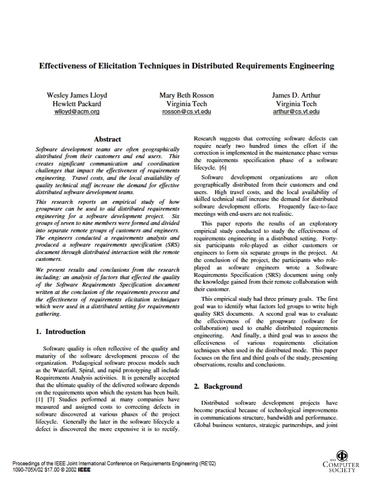 Distributed Requirements Engineering Elicitation Technique Effectiveness