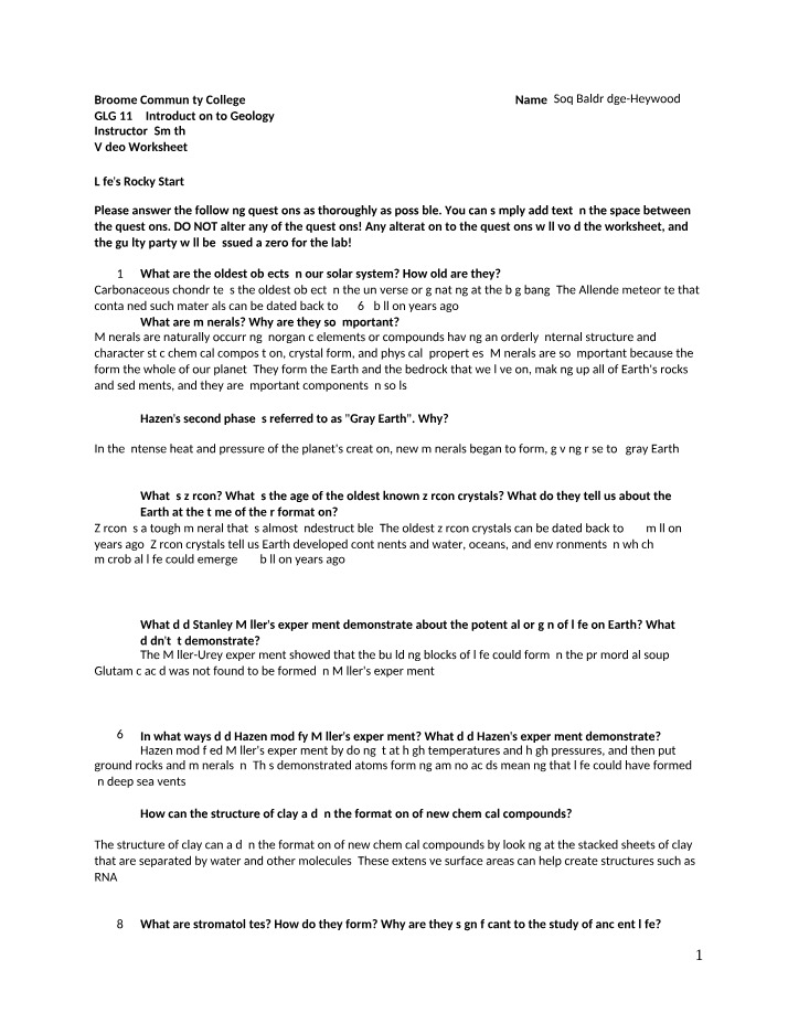 Worksheet for Life's Rocky Start Video
