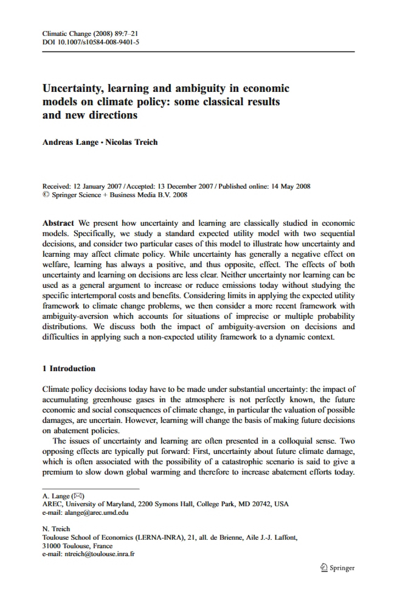 Climate Policy Models Ambiguity, Learning, and Uncertainty