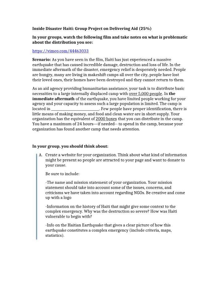 Haiti Disaster Relief - Group Project on Delivering Aid