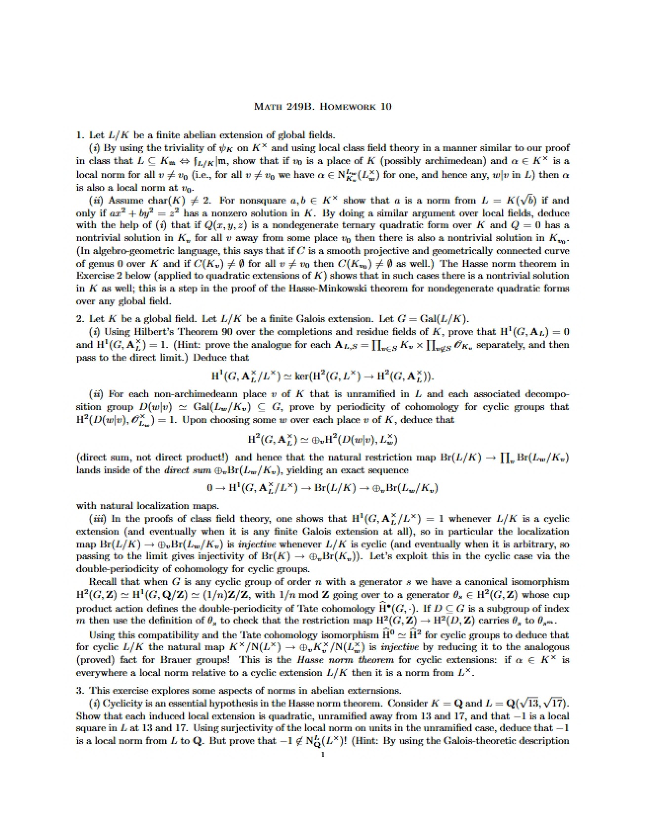 Topics in Number Theory Homework
