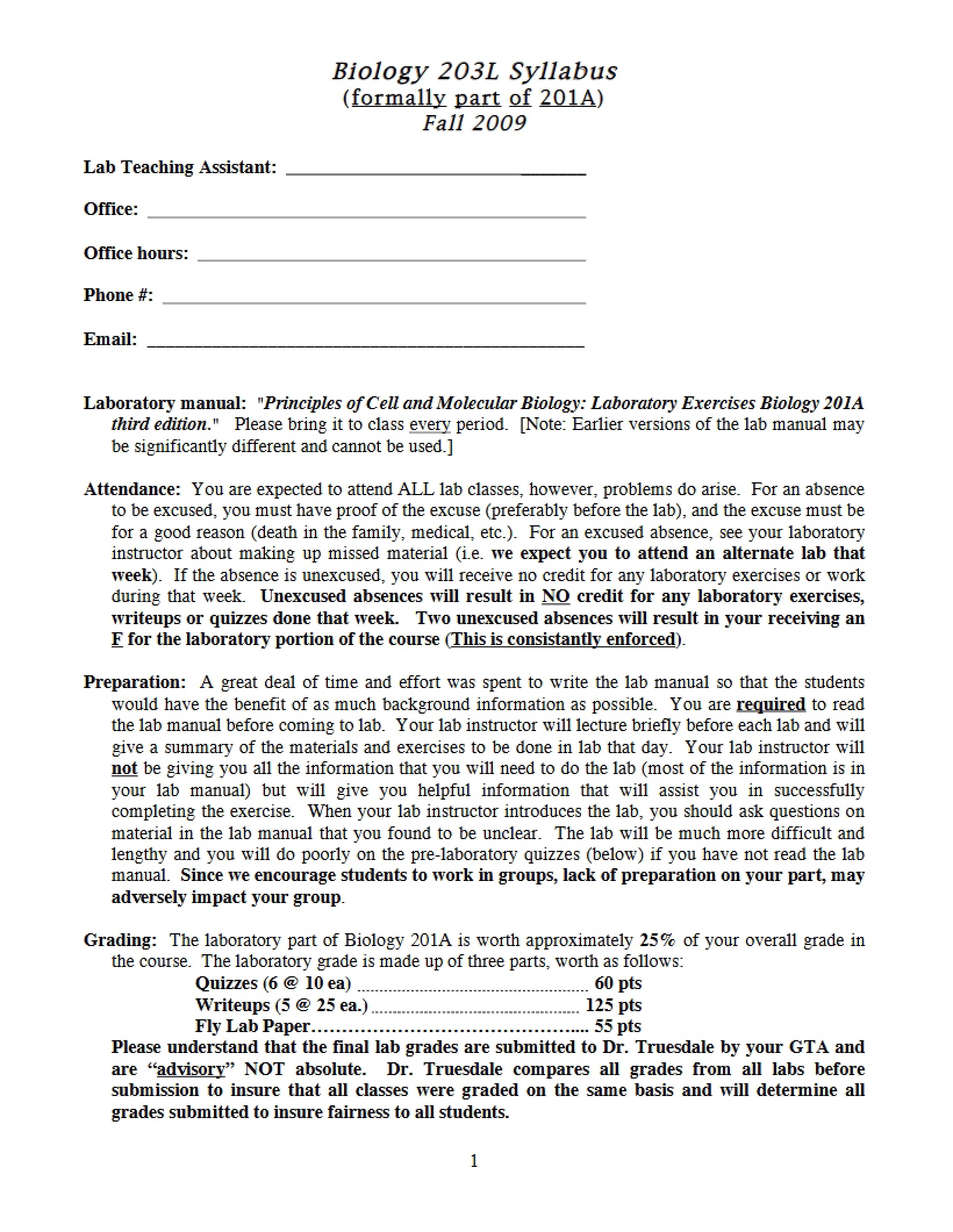 Syllabus for Cell Molecular Biology Lab