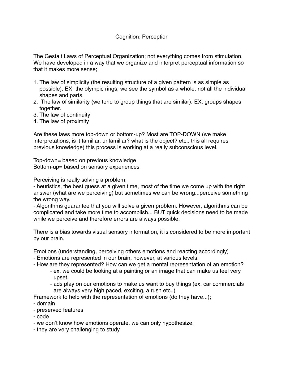 Notes on Cognition and Perception