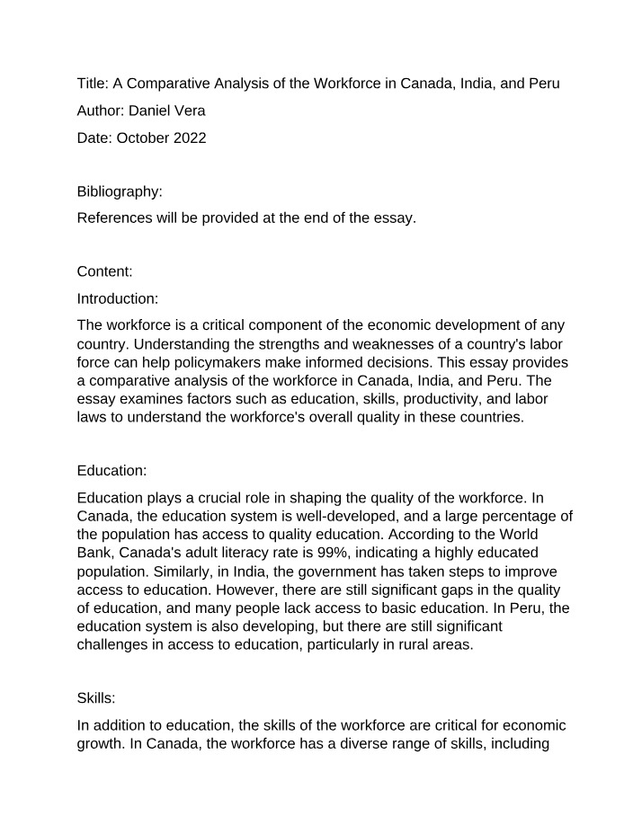 Workforce in Canada, India, and Peru - A Comparative Analysis