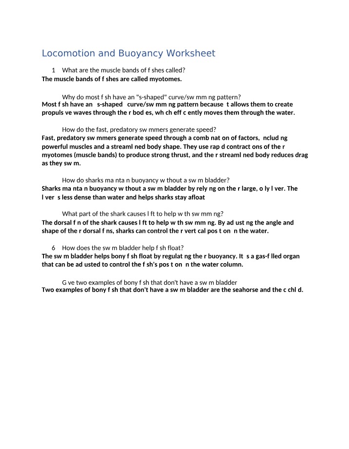 Worksheet on Locomotion and Buoyancy
