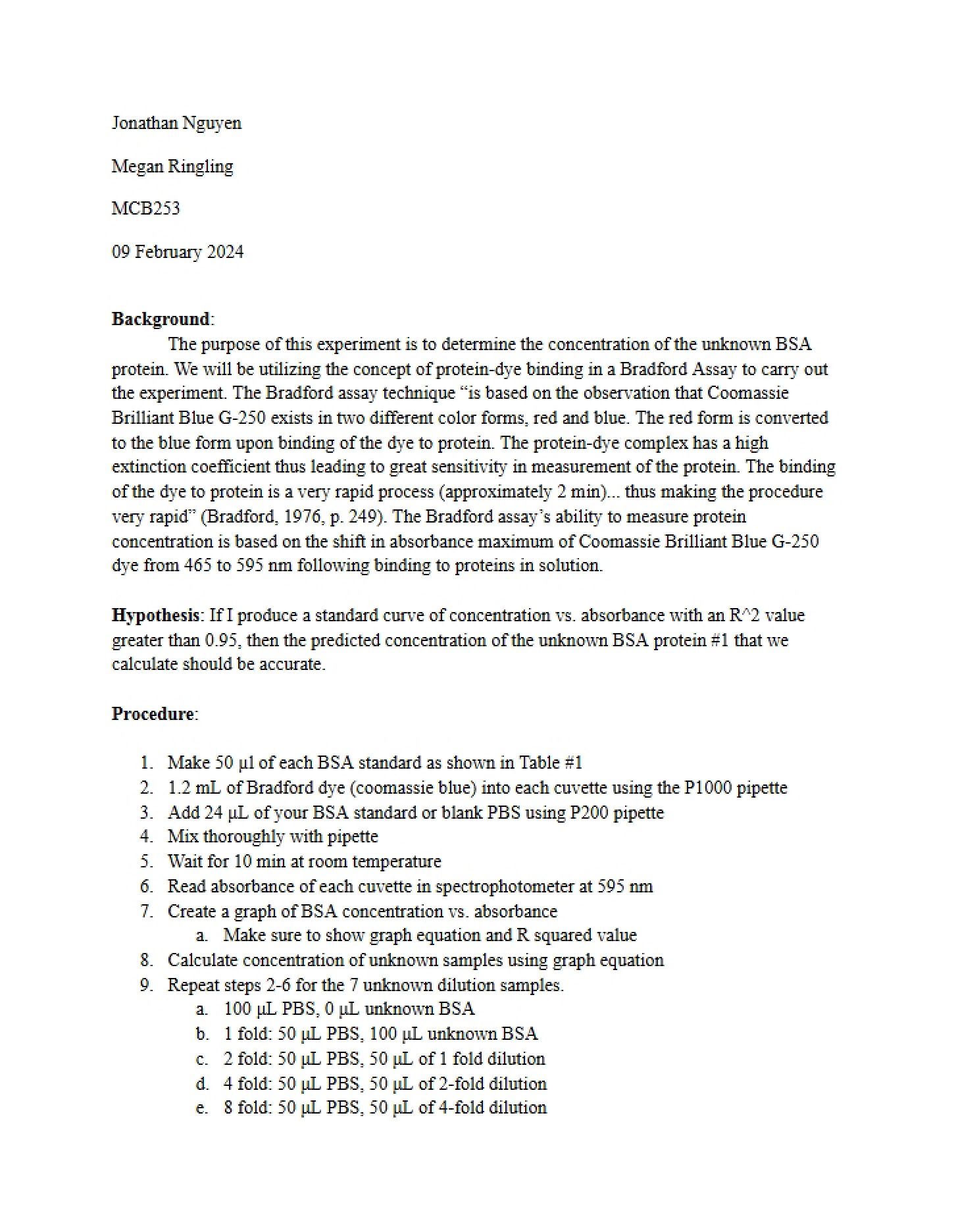 Protocol for Bradford Assay