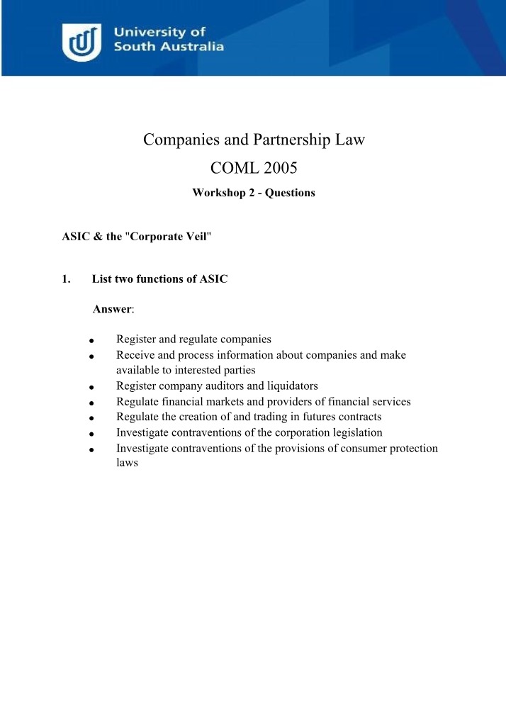 Workshop 2 Answer Guide - ASIC and Corporate Veil