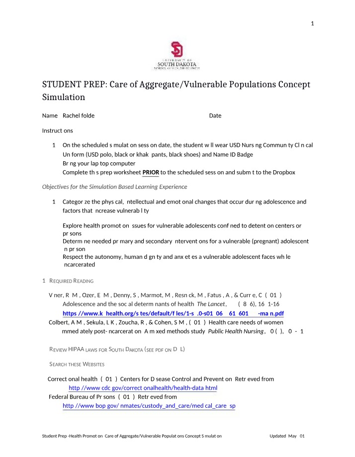 Student Prep for Health Promotion Concept Simulation