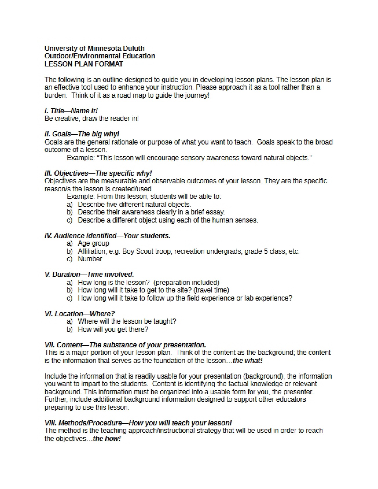 Format for Lesson Plans