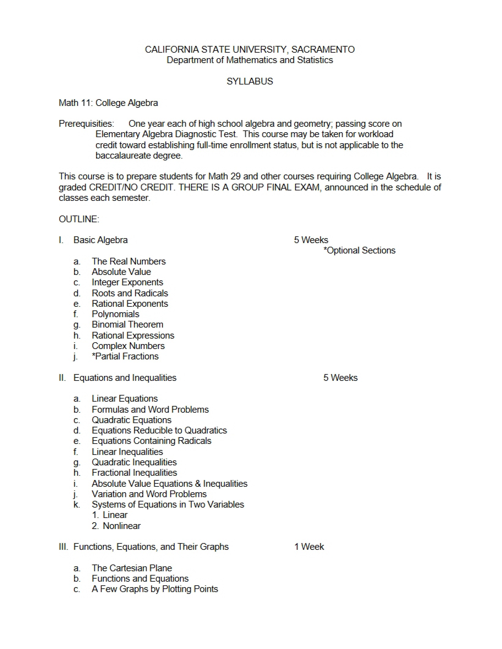 Algebra for College Students Syllabus