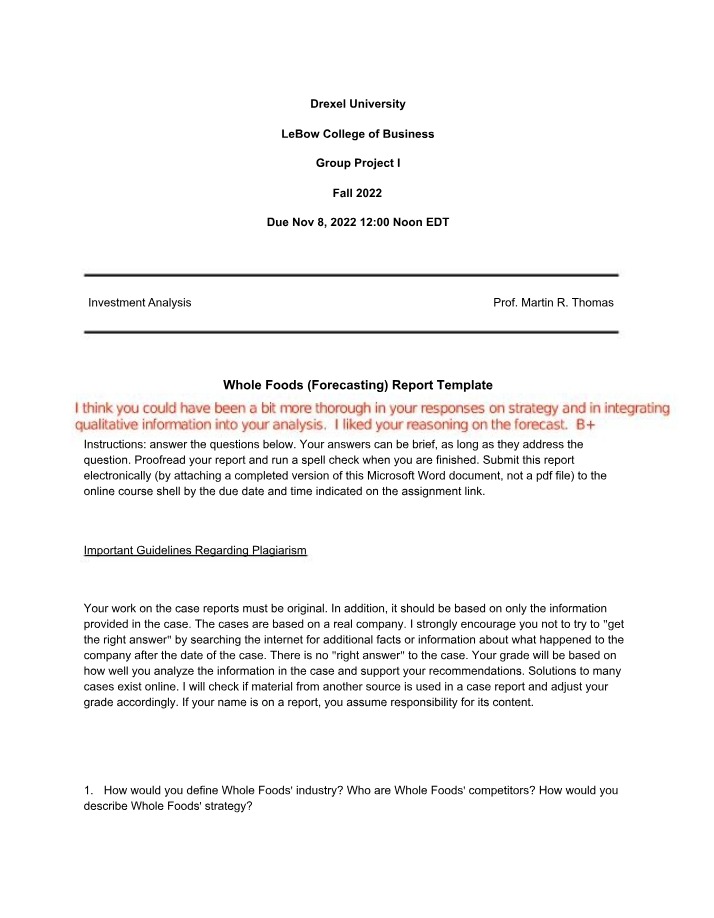 Whole Foods Report Template (Forecasting)