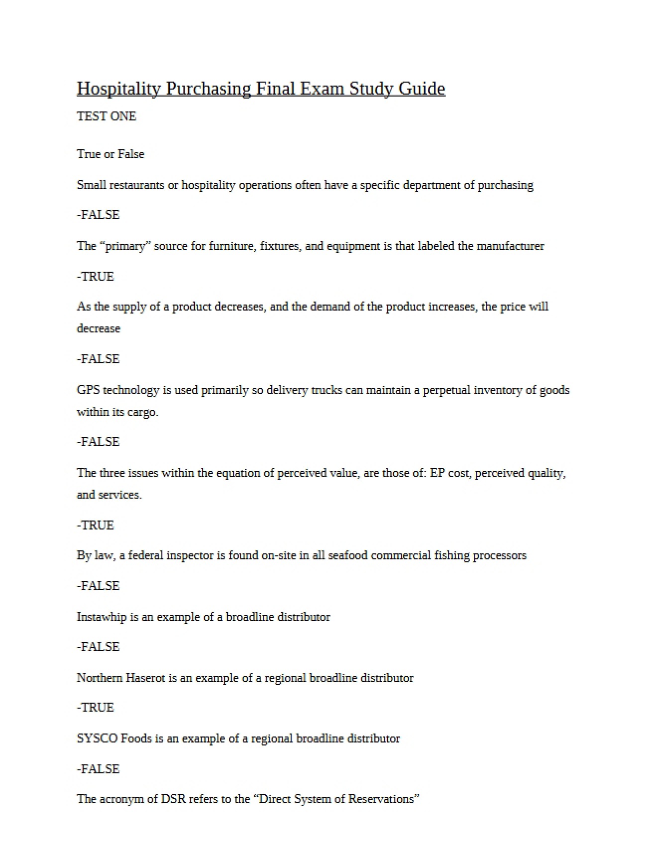 Study Guide for Hospitality Purchasing Final