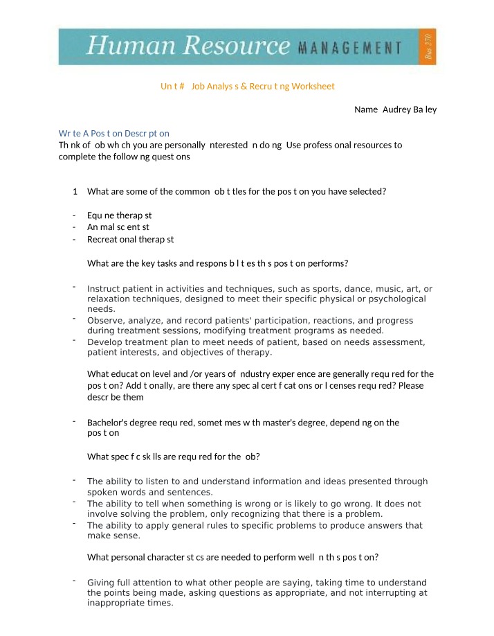 Job Analysis & Recruiting Worksheet - Unit 2