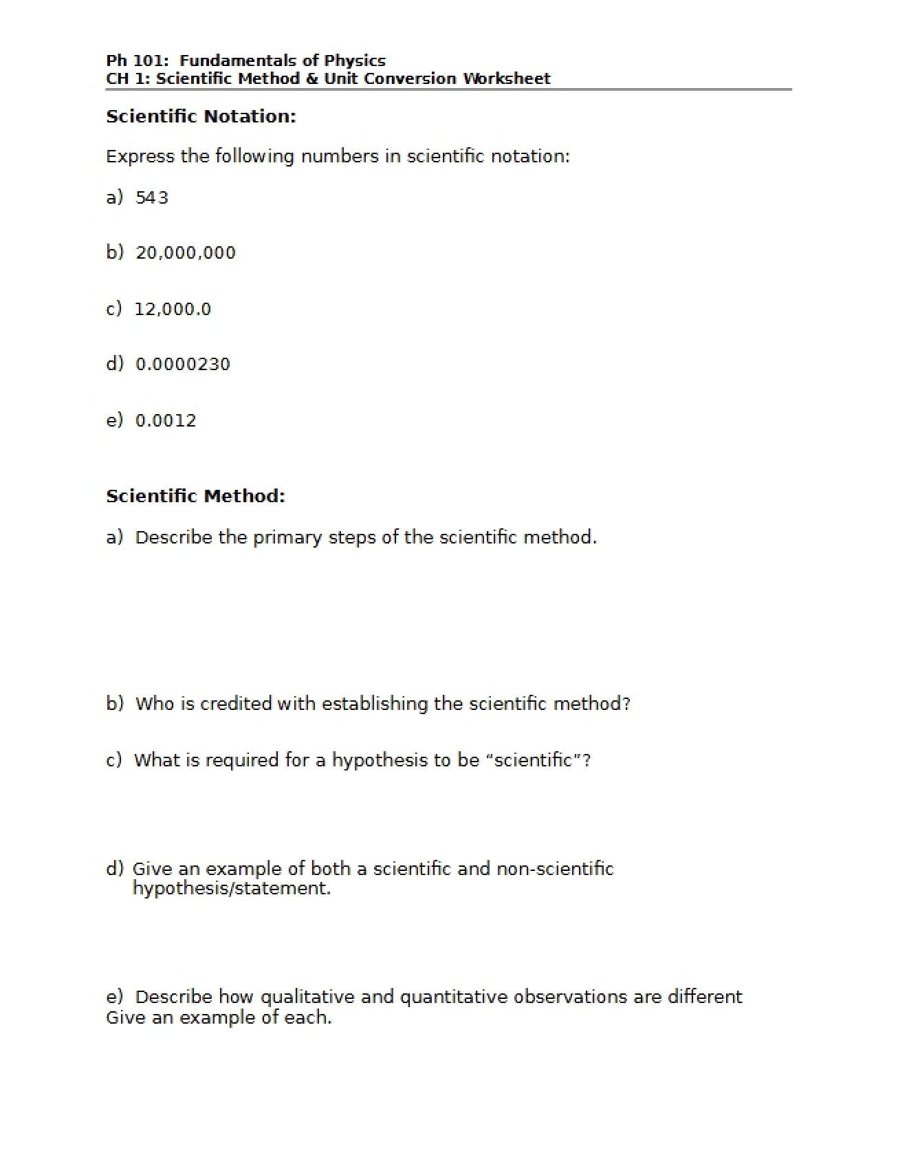 Worksheet on Unit Conversion and the Scientific Method
