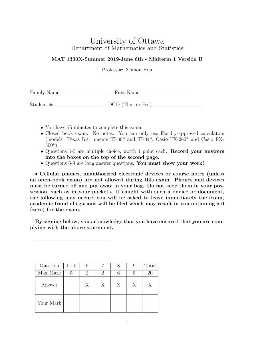 MAT 1330X Summer 2019 June 6 Midterm 1 Version B Copy 1