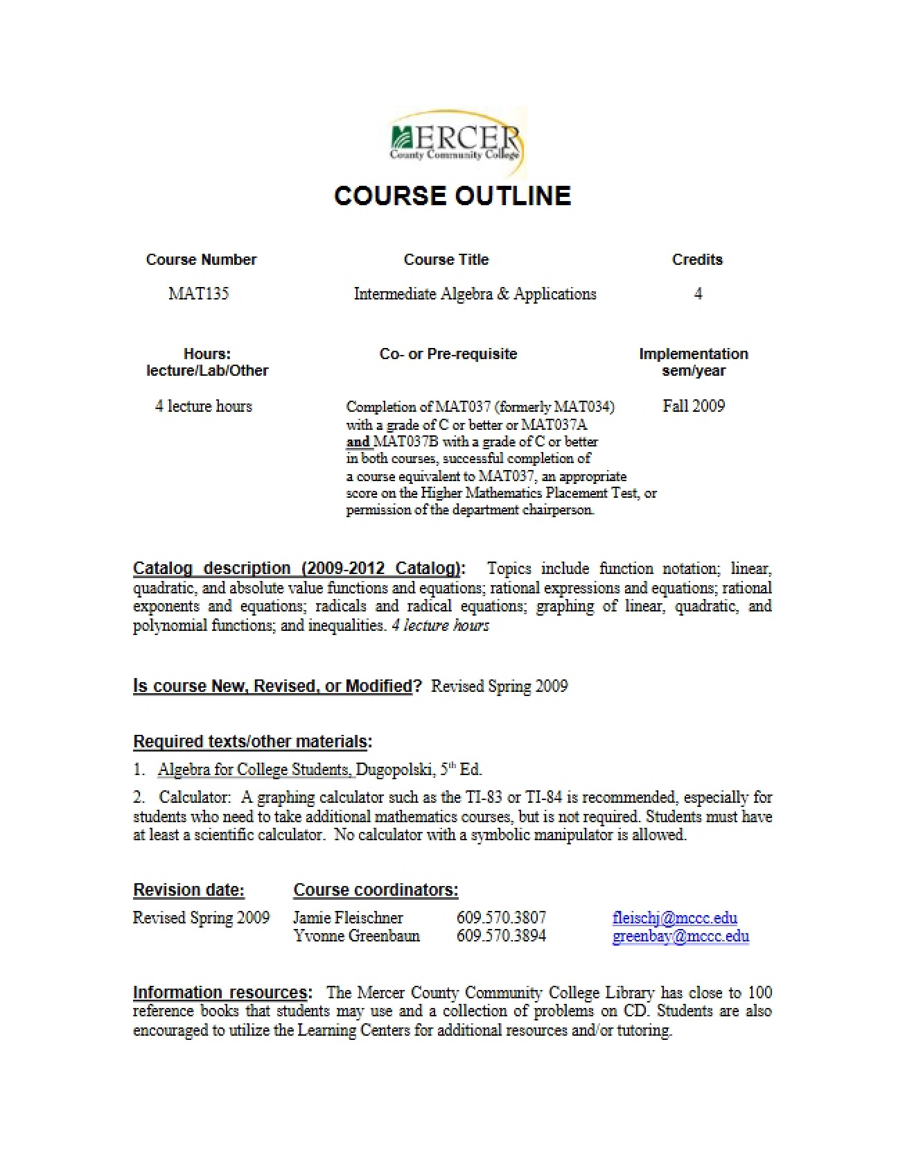 Course Outline for Intermediate Algebra - 6 Pages