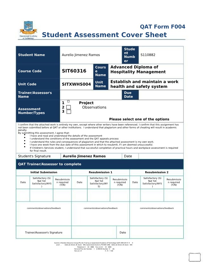 Work Health and Safety System Establishment and Maintenance - Assessment 1