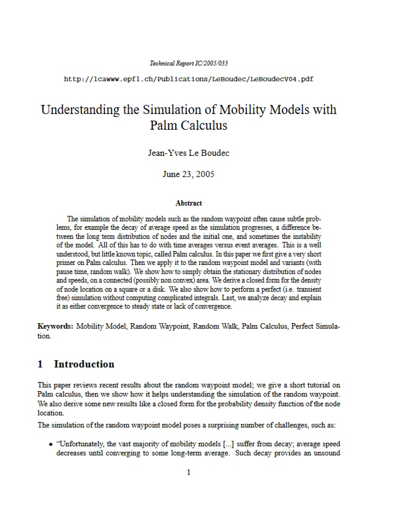 Mobility Models with Palm Calculus