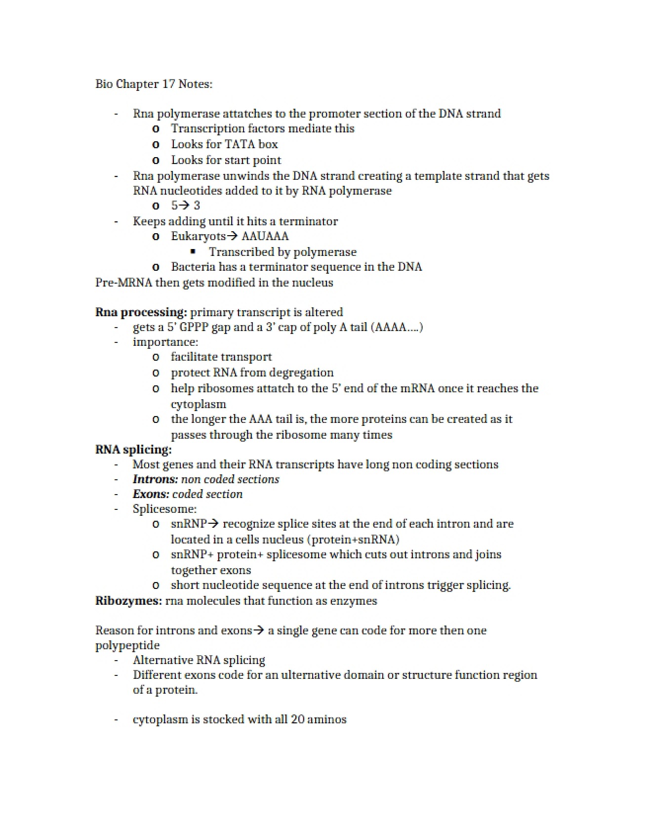 Notes for Bio Chapter 17