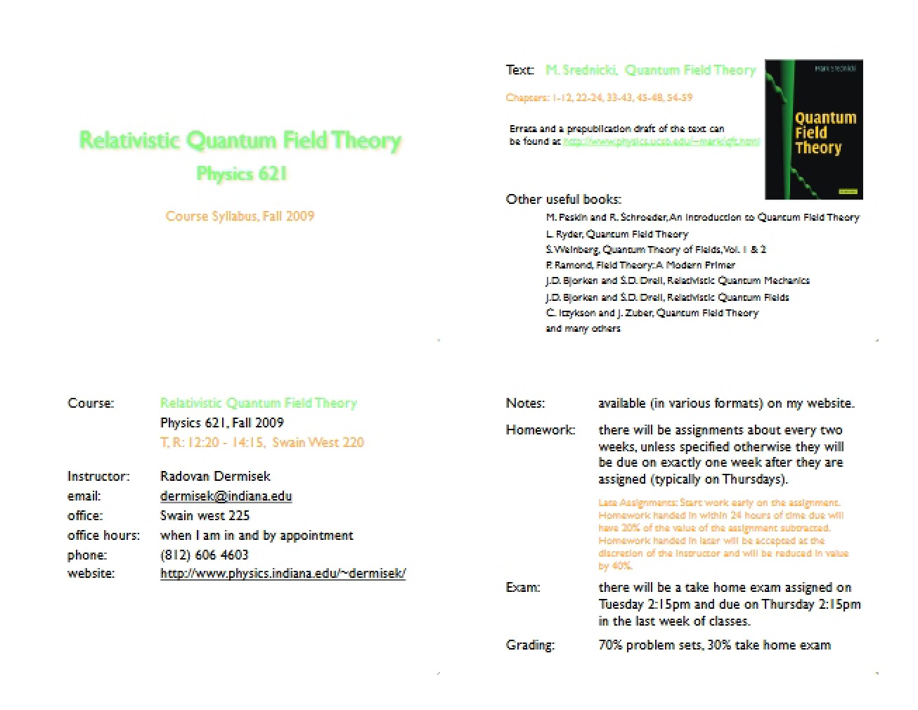 Syllabus for QFT I