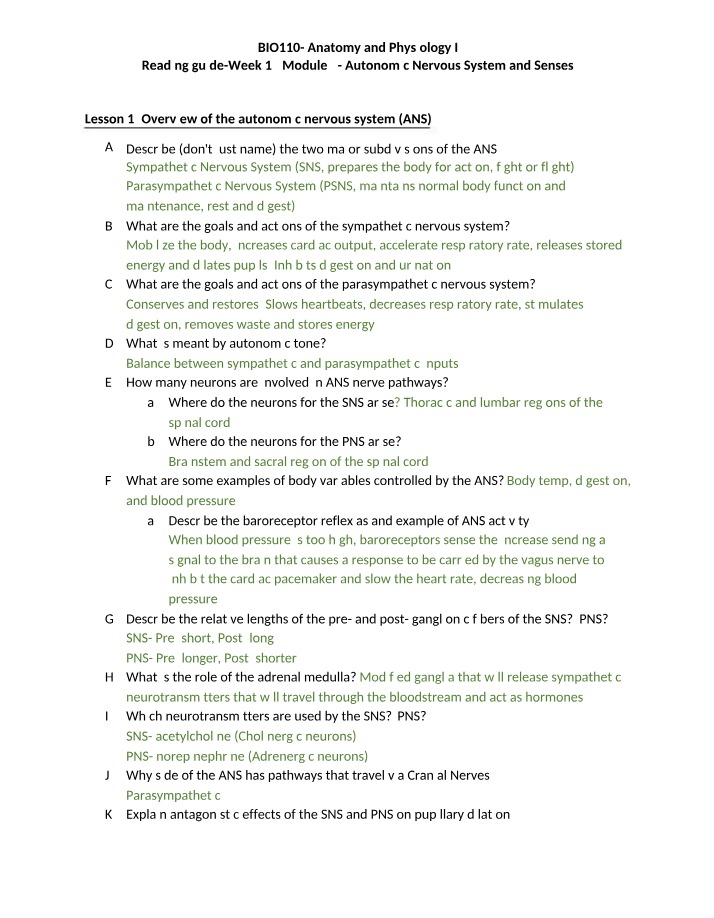 BIO110 Week 13 Module 7 Reading Guide Autonomic Nervous System and Senses