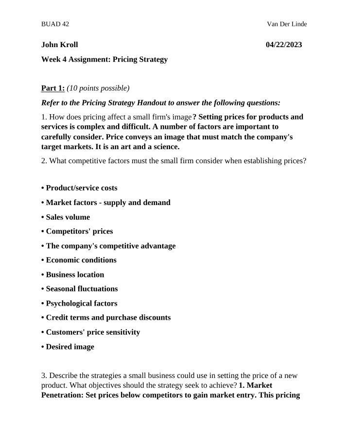 Small Business Pricing Strategy - Factors and Assignment