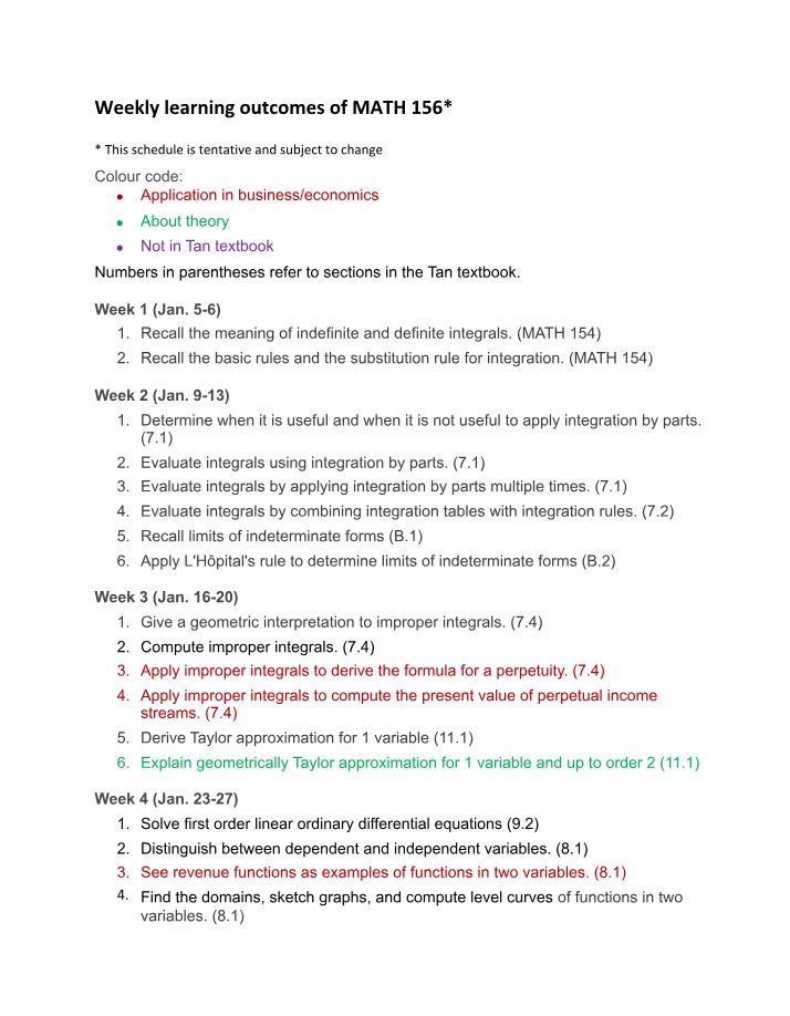 MATH 156 Weekly Learning Outcomes