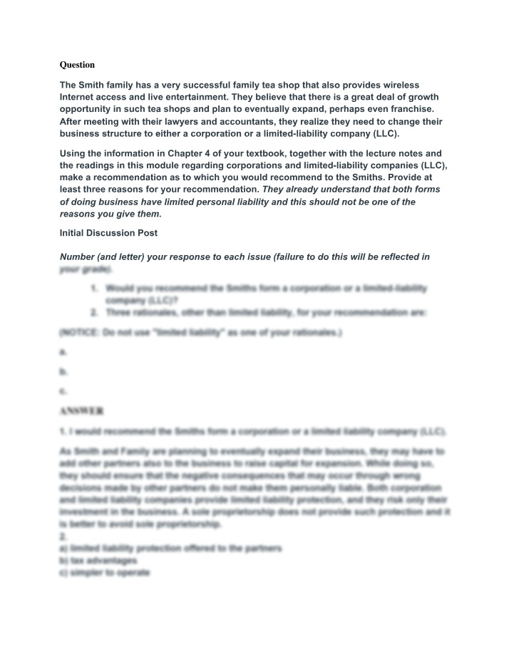 Discussion Post - Corporation vs LLC Recommendations