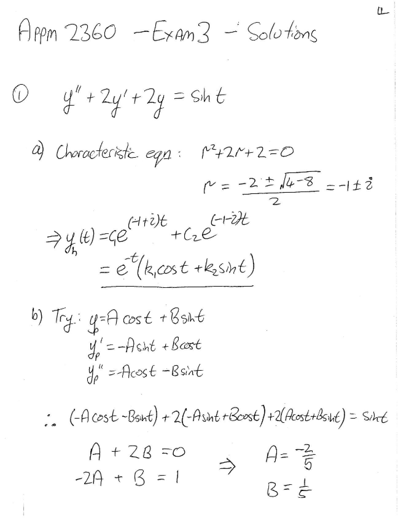 Answer Key for Differential Equations Exam 3f