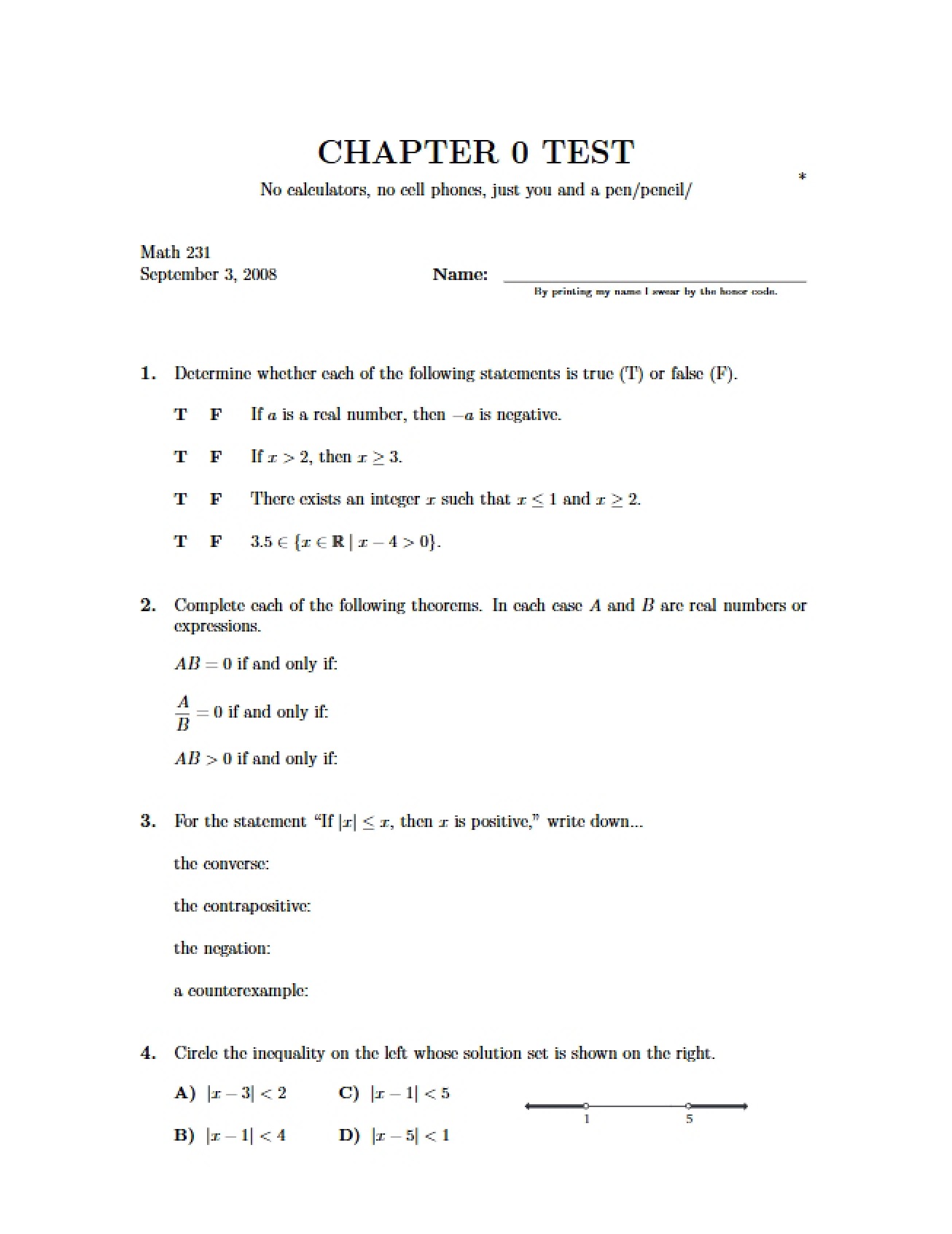 Test for the Introductory Chapter of a Calculus Course