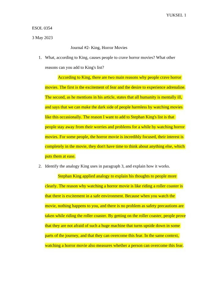 Journal 2 - King and Horror Movies