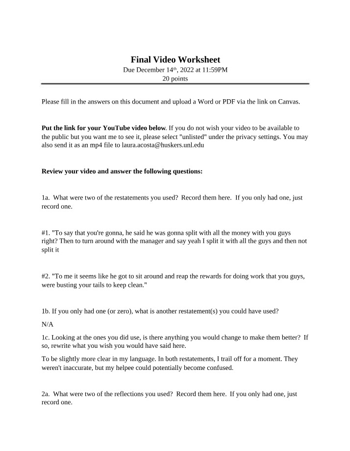 Worksheet for Final Video