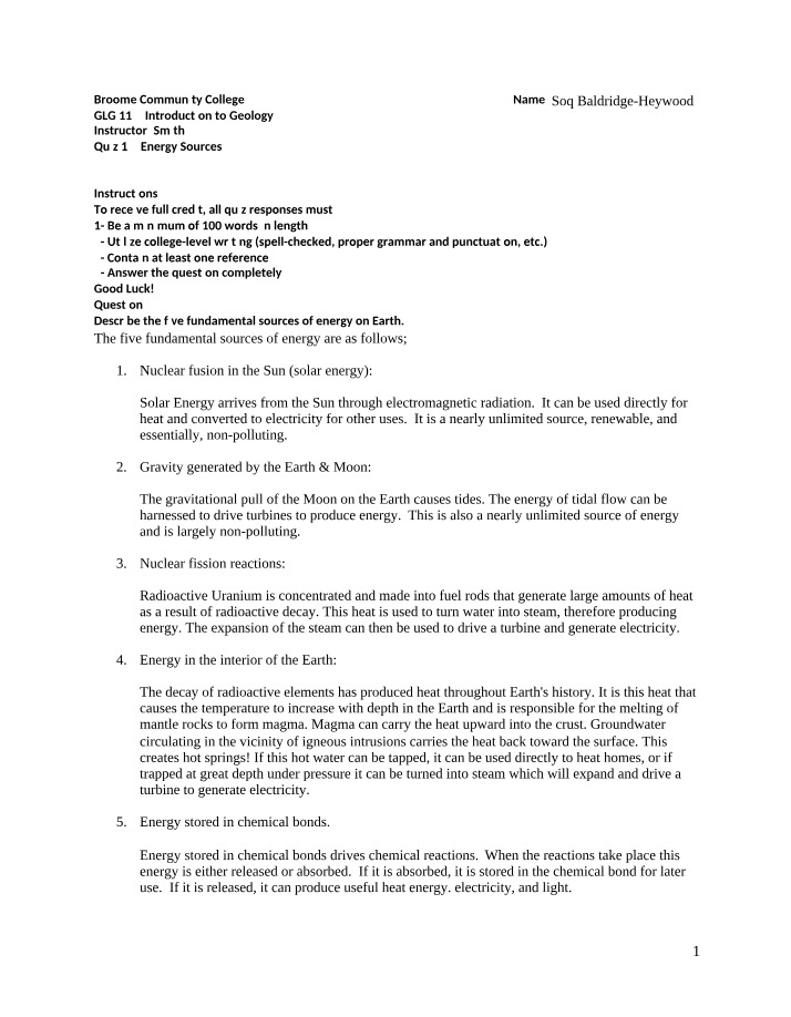Energy Sources Quiz 15 for GLG 115