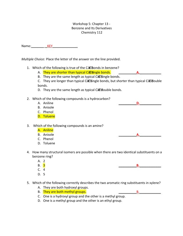 Workshop 5 - Benzene and Its Derivatives