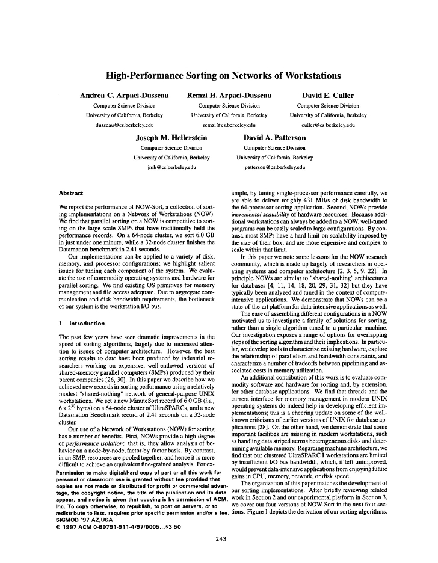 Networks of Workstations High-Performance Sorting