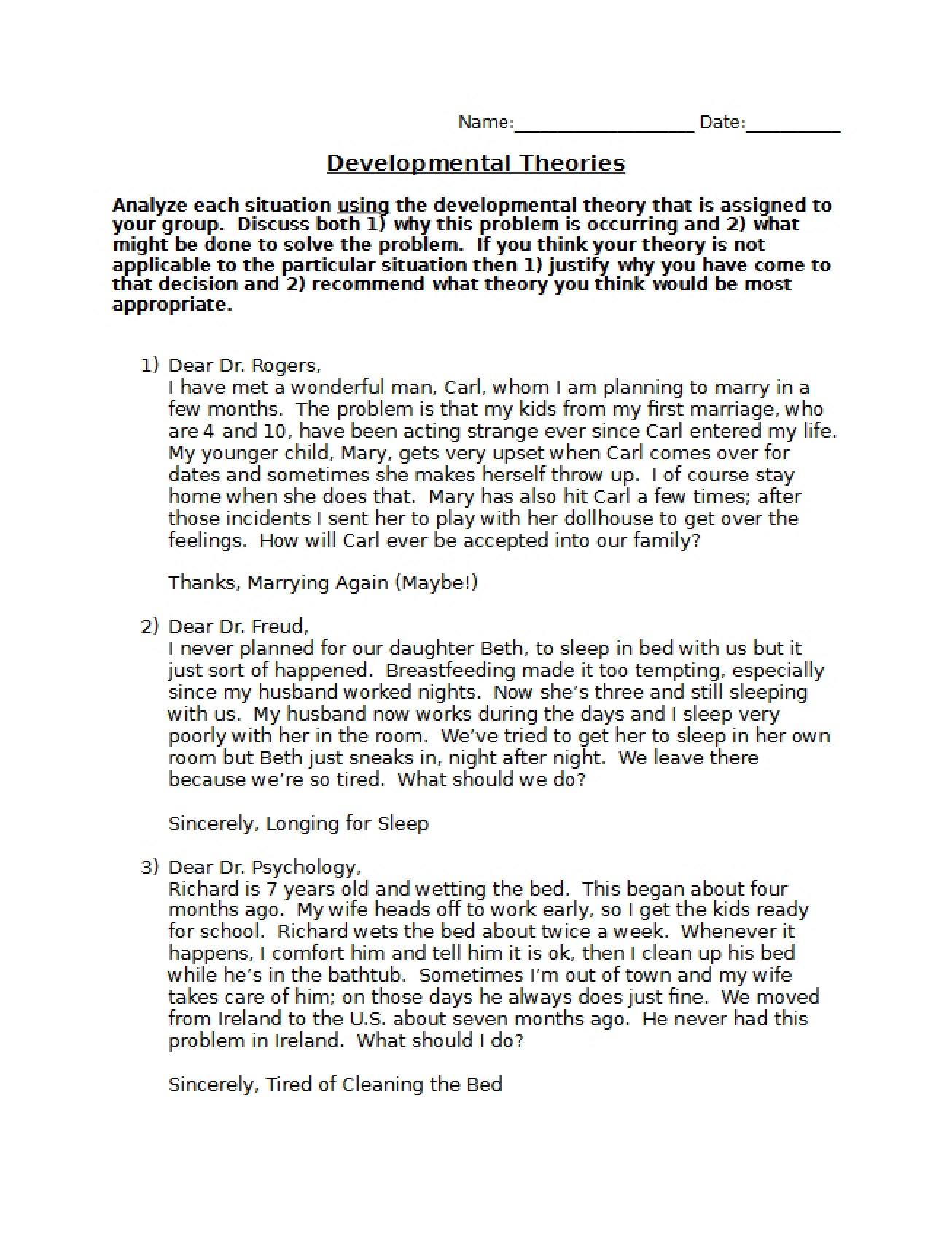 Worksheet for Developmental Theories