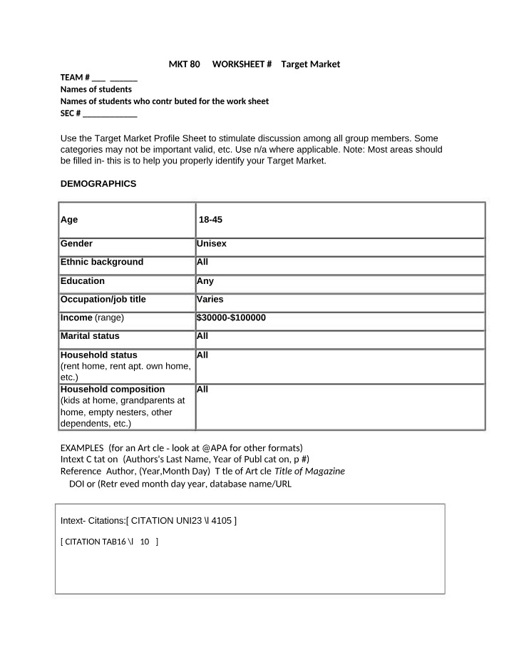 Target Market Worksheet #5 for MKT 8035