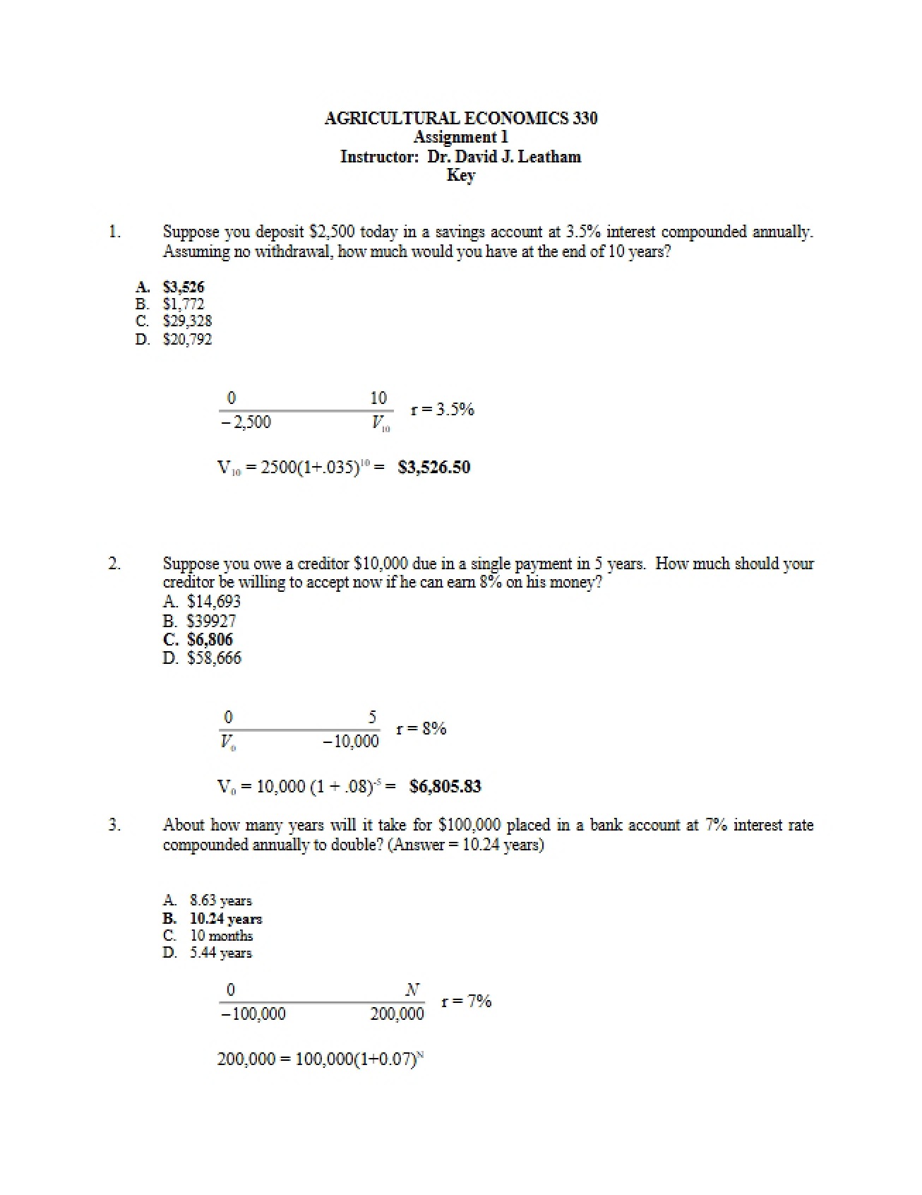 Key for the First Homework in Financial Management