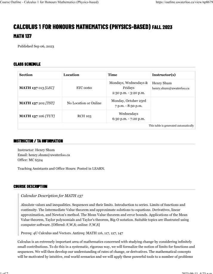 MATH137 Course Outline