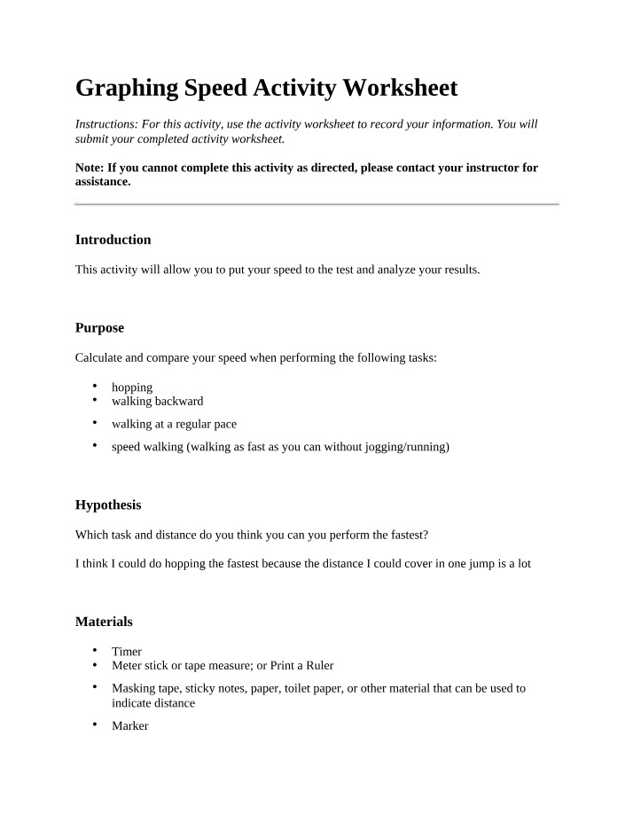 Worksheet for Graphing Speed Activity