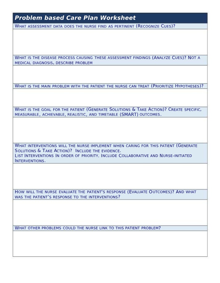 Worksheet for Problem Based Care Planning