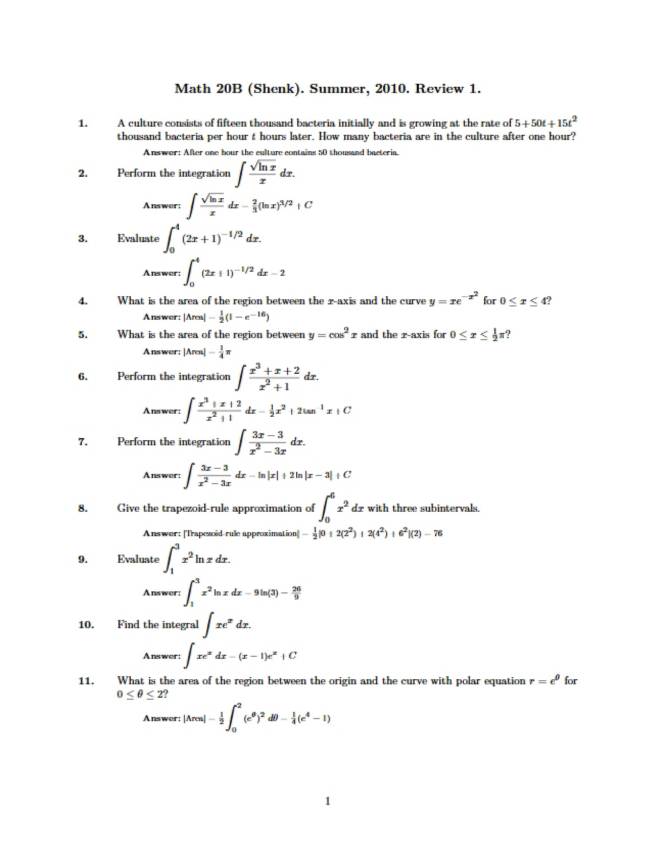 Calculus II Course Review Materials