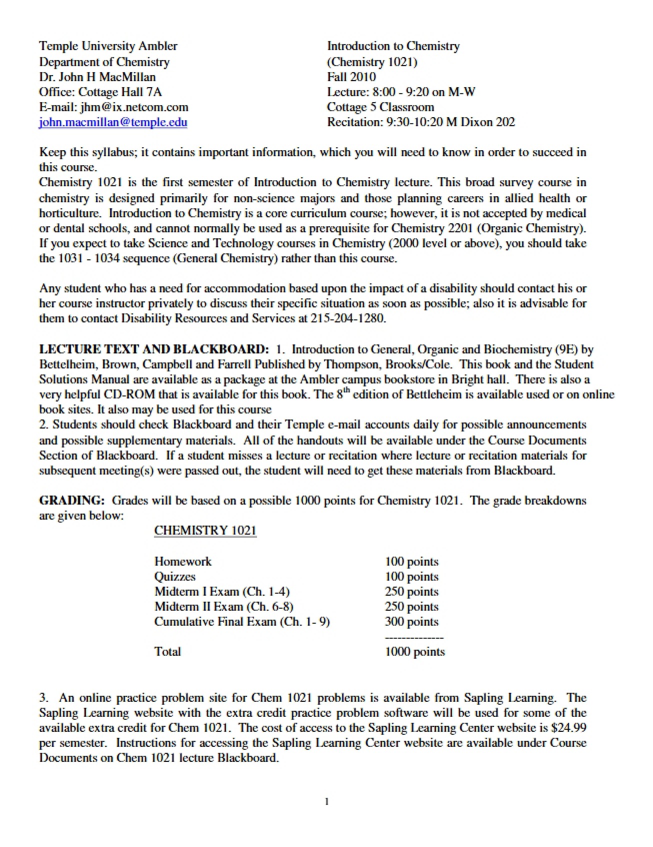 Syllabus for Introduction to Chemistry I