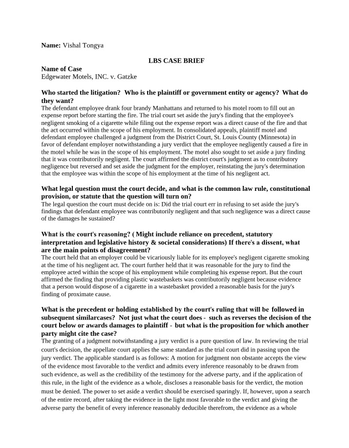 Case Briefs - Vicarious Liability in Negligent Acts