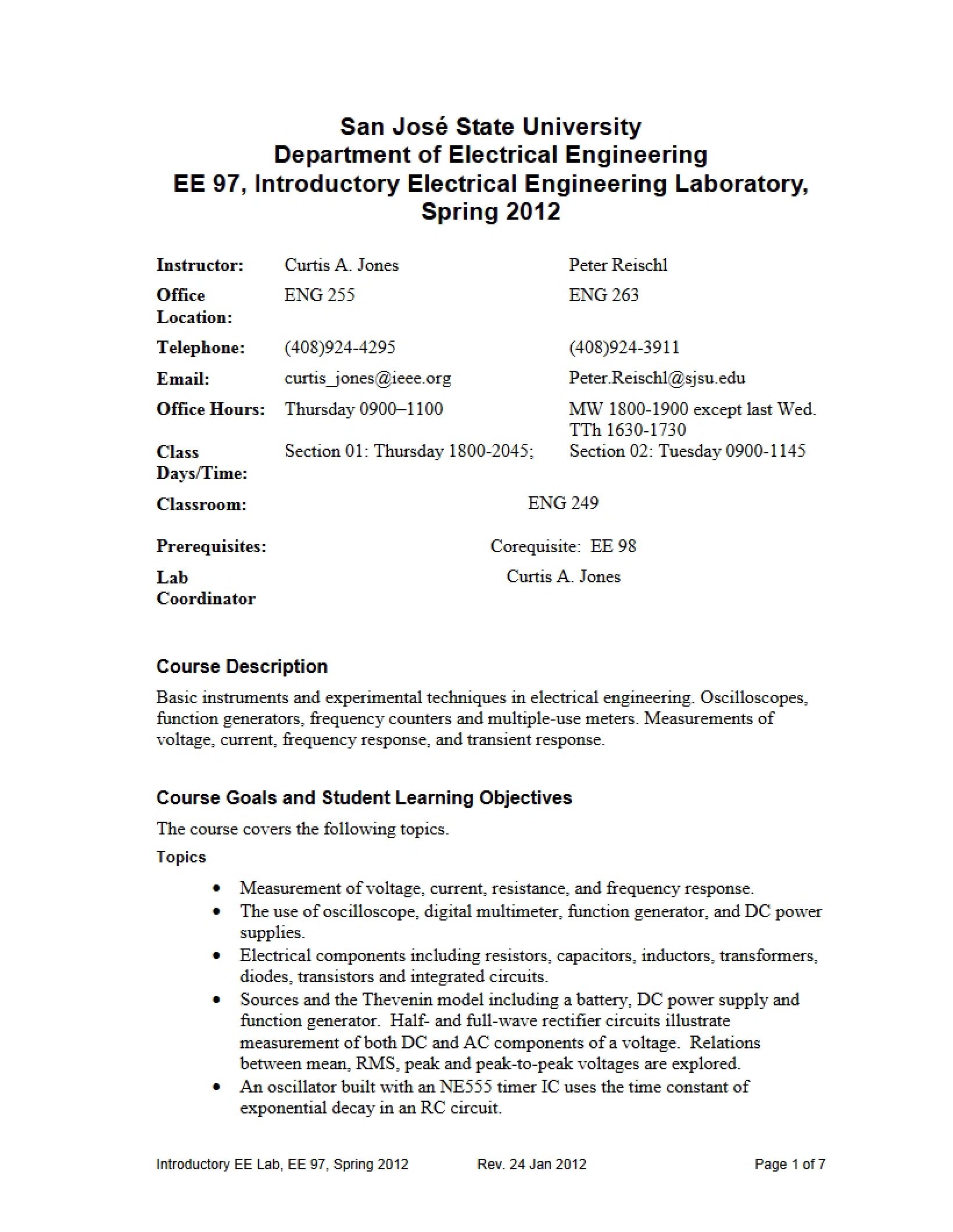 Class Syllabus for EE Lab